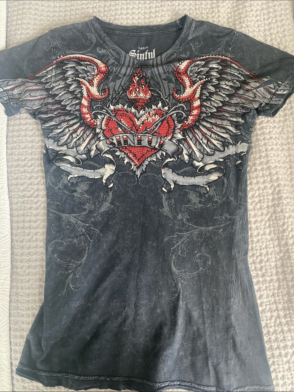 Sinful Black Tee with Red and Silver Winged Heart Graphic